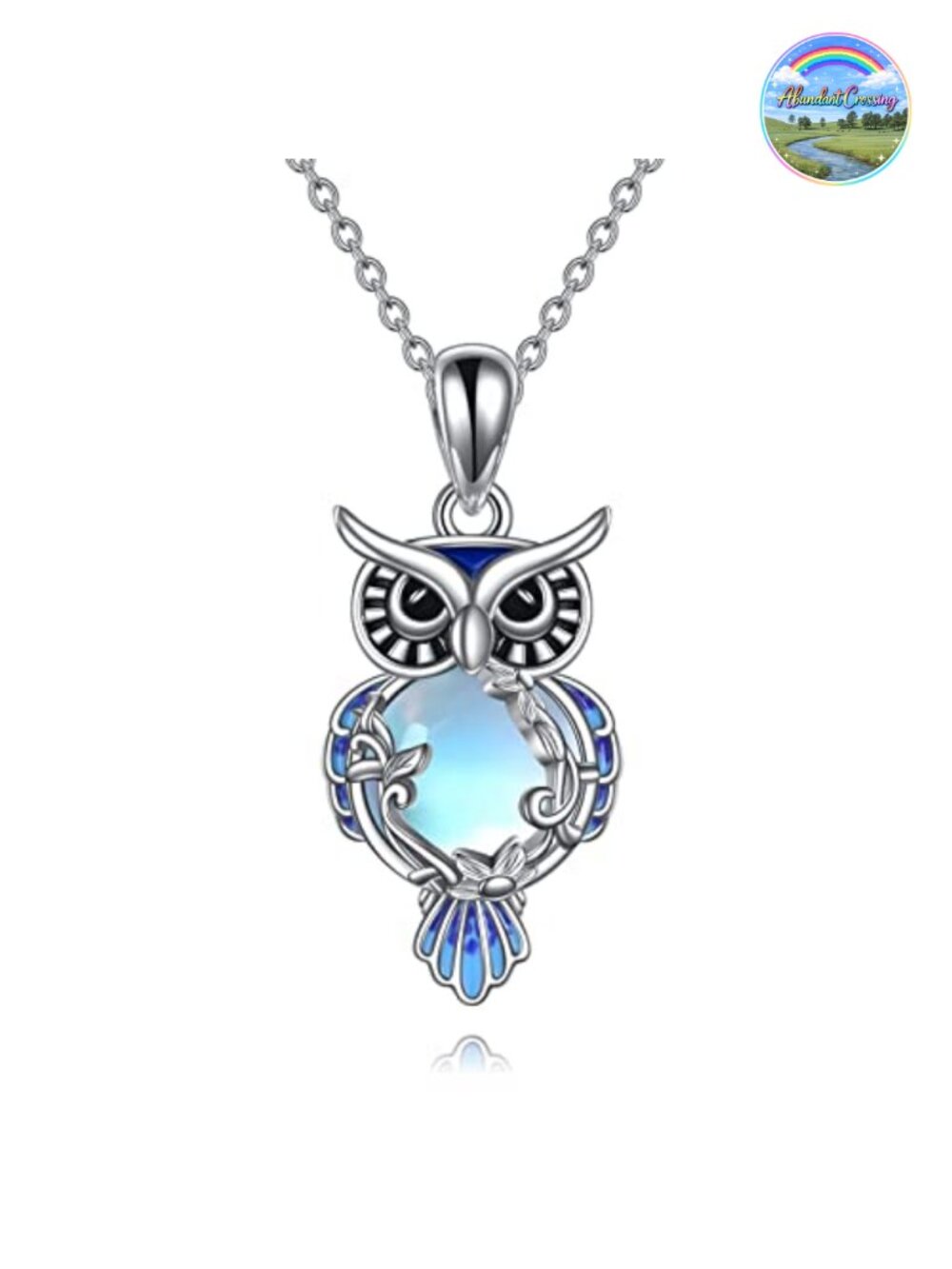 Sterling Silver Moonstone Owl Pendant Necklace, Rolo Chain, Gift for Women